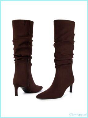Faux Suede Pointed Toe Knee High Kitten Heel Boots